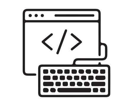 Black line icon of computer screen with code and keyboard