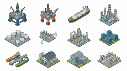 Isometric Industrial Buildings and Vehicles Collection. © Huda