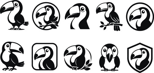 Obraz premium Collection of 10 black and white minimalist toucan logo icons in various poses and styles. Features cartoon and geometric