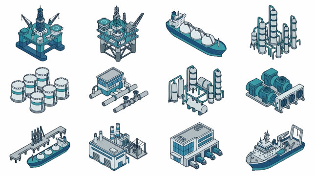 Isometric illustration of industrial and maritime infrastructure.