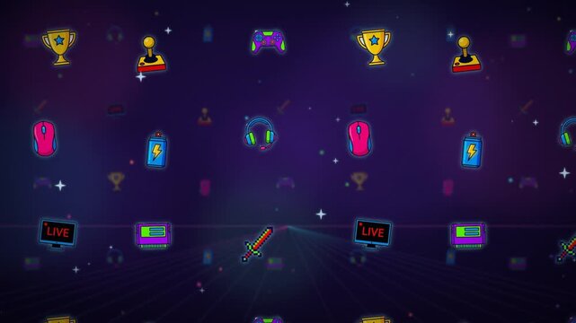 Neon gaming and esports icons floating on retro synthwave grid background loop animation