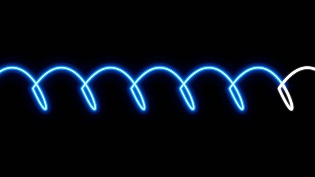Blue neon spiral light trail on black background