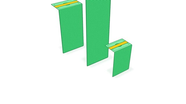 Animated isometric stacks of green money bills growing on a white background