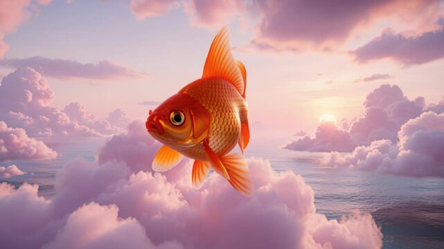 A Celestial Voyage: An extraordinary goldfish navigates a dreamlike expanse of soft, pastel clouds under a gentle sunrise, embodying the wonder of imagination and surreal beauty.
