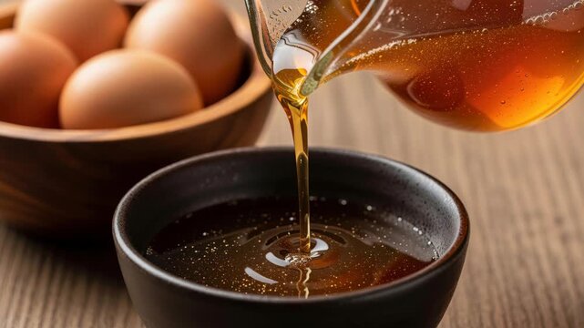 Golden Drip: A rich, golden liquid, likely honey or syrup, is poured from a glass jug into a dark bowl, with a rustic wooden bowl of brown eggs in the background.