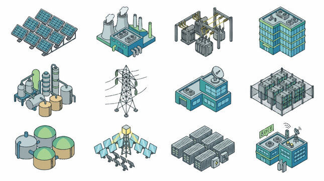 Isometric Industrial Buildings and Infrastructure Set.