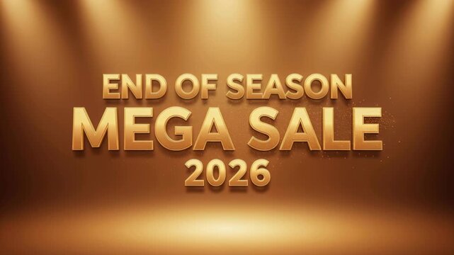 END OF SEASON MEGA SALE 2026: A grand golden banner with 3D text proclaims END OF SEASON MEGA SALE 2026, illuminated by dramatic spotlights.