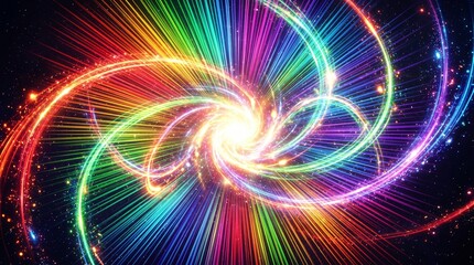Fototapeta premium Abstract Rainbow Spiral Light Trails with Glowing Energy Vortex and Sparkles Isolated on Black Background