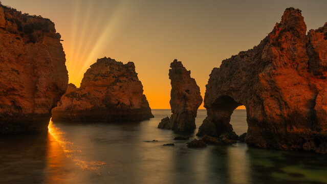 Sunlit Rock Arches at Ponta da Piedade, Algarve Coast, Portugal