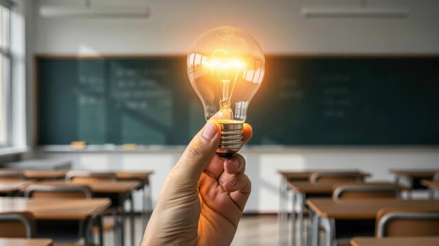 Bright Idea in Classroom: A hand holds a glowing light bulb, symbolizing a moment of inspiration and innovation within the setting of an empty classroom.