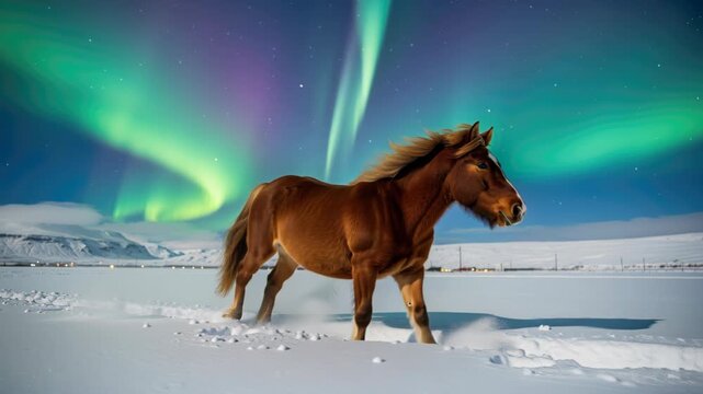 Majestic Horse Under Aurora: A sturdy Icelandic horse stands proudly in a snowy landscape as the vibrant Northern Lights dance across the night sky, creating a breathtaking natural spectacle.