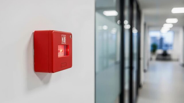 Emergency Alarm: A bright red fire alarm box mounted on a clean white wall inside a modern office hallway, ready to signal an emergency.