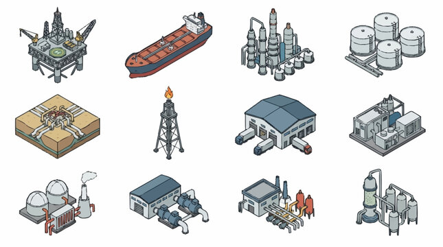 Collection of industrial and oil facility illustrations.
