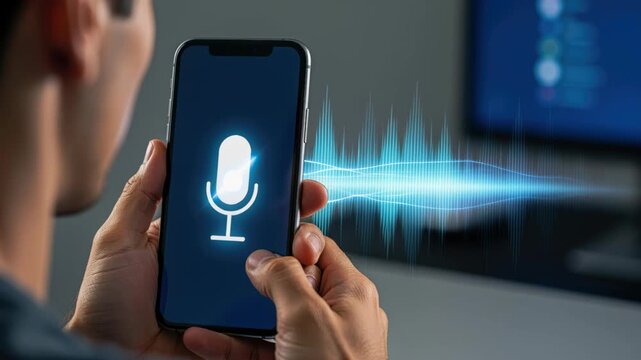 Voice Command Activation: A person uses a smartphone with a microphone icon and audio waves displayed on the screen, activating a voice assistant for seamless interaction and modern convenience.