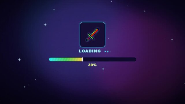 Gaming loading screen progress bar filling to level up on dark neon background animation