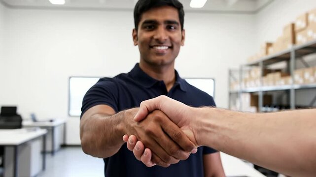 Handshake Between Two Businessmen In Professional Setting With South Asian Man In High-Quality Unbranded Polo Shirt