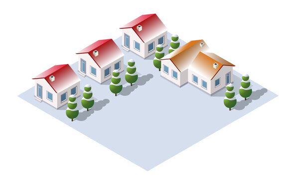 Isometric illustration showing a cozy winter village with houses having red and brown roofs under a blanket of snow