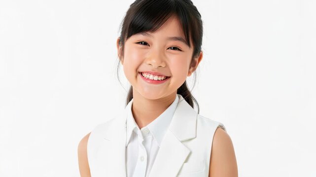 Portrait of a Joyful Young Girl: A radiant young girl with a bright smile and dark hair tied back, dressed in a white collared shirt and vest.
