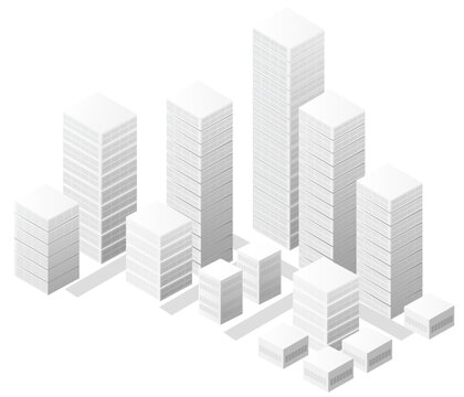 Isometric 3d rendering of an abstract urban cityscape featuring a collection of white skyscrapers and residential blocks on a clean background