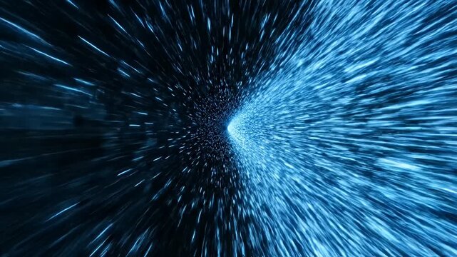 Fast blue light streaks zooming into central point.