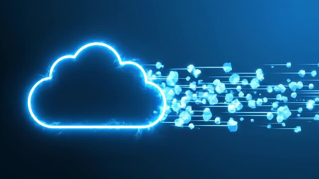 Glowing blue cloud icon transforming into cubes.