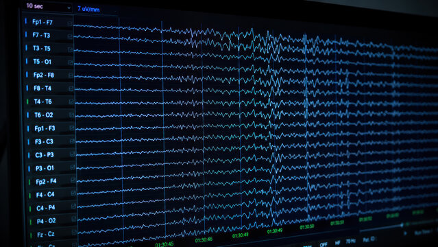 Close-up of a clinical monitor screen showing a multi-channel EEG waveform tracing in real time, several rows of brain wave patterns