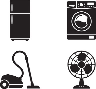 Home Appliances and Electronic Houseware Vector Icon Set Featuring Black Silhouette Shapes of Refrigerator Washing Machine Vacuum Cleaner and Electric Fan