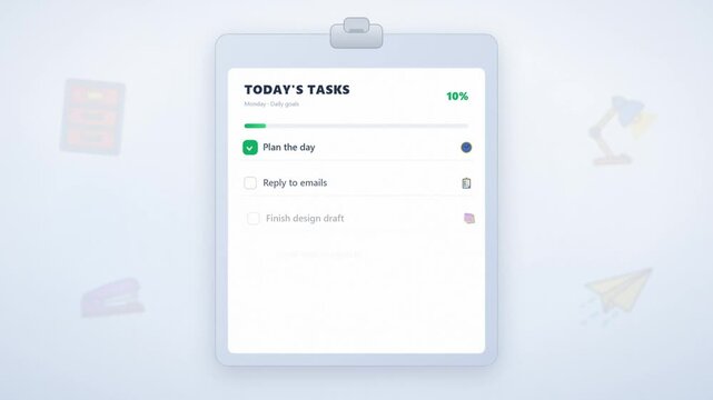Animated to do list checklist with tasks being completed and progress bar productivity
