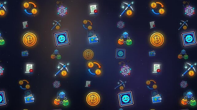 Cryptocurrency and blockchain icons floating on dark background with bitcoin coins and wallet