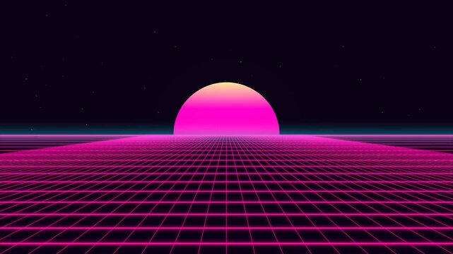Retro 80s synthwave neon grid landscape with glowing sunset background loop.