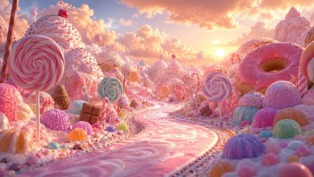 oversized lollipops, candy canes, and gumdrops lining the path, soft pastel-colored cotton candy clouds floating in the sky