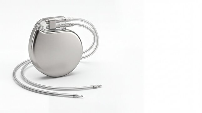 medical device innovation, a titanium pacemaker with leads, prominently featured against a white space