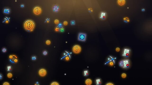 Golden bitcoin coins floating on dark background with crypto and blockchain icons glow loop