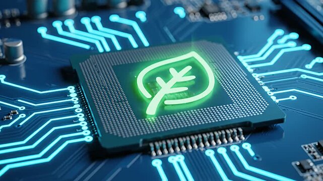 Green leaf icon on computer microchip.