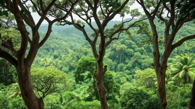 Lush tropical rainforest canopy framed by twisting tree trunks, tranquil green verdant hillside