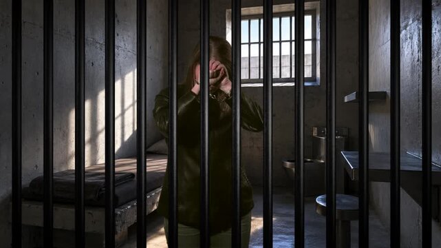 Woman handcuffed behind bars
