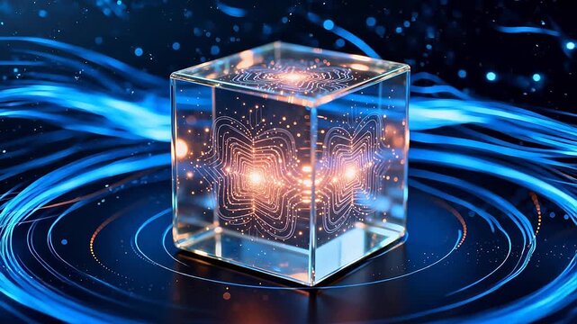 Glass cube with glowing circuit patterns