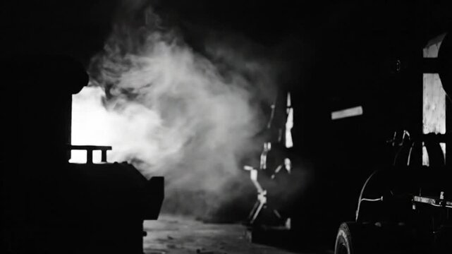 Industrial steam engine with dramatic lighting and smoke, creating a mysterious and atmospheric scene