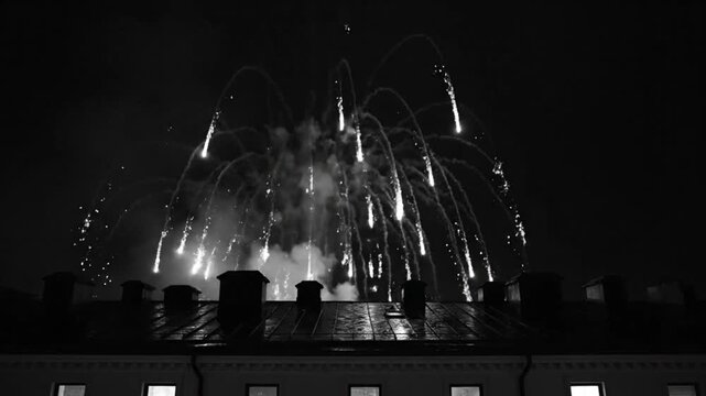 Black and White Fireworks Display Exploding Over Building Rooftop Against Dark Night Sky During Festive Celebration