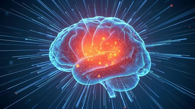 Neon digital brain network glowing with neural activity, synapse data connections and radial cortex