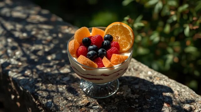 Fresh fruit parfait with creamy yogurt, raspberry and blueberry layers plus orange slices