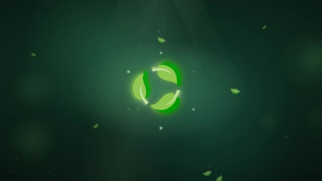Glowing green recycling symbol rotating with floating leaves on dark eco sustainability background