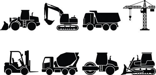 Collection of black silhouettes of construction vehicles and heavy machinery for industrial and site design © IconicCreations