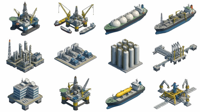 Isometric illustration of industrial oil and gas facilities.