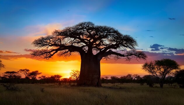 Baobab Tree Silhouetted Against A Vibrant Sunset In The Kenyan Savanna