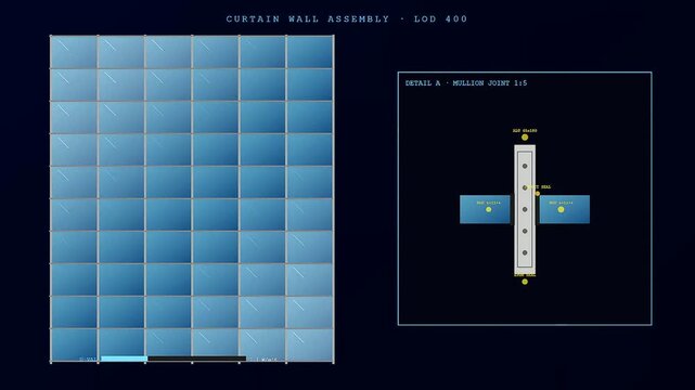 Architectural bim modeling showing glass curtain wall assembly sequences with detailed mullion joint diagrams displayed in a dark blue environment for professional building construction planning