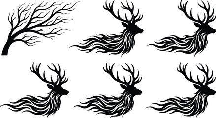 Set of black silhouettes of majestic deer heads with flowing fire style manes and tree branch © IconicCreations
