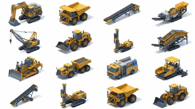 Collection of yellow construction vehicles and heavy machinery.