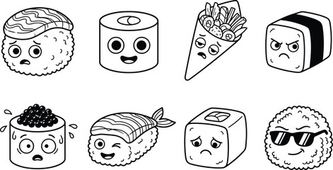 Set of cute sushi characters with funny expressions for Japanese food and restaurant menu design © IconicCreations