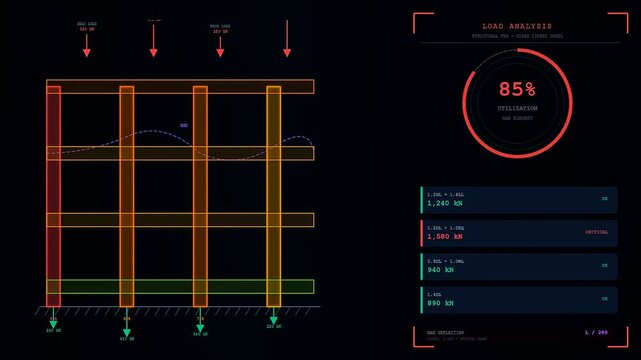 A digital bim modeling interface showing structural load analysis with changing color intensity and numerical data panels displayed on a dark virtual grid screen display environment